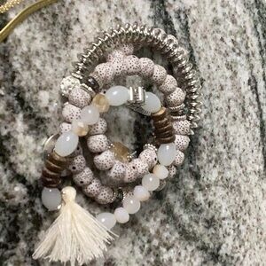 Faux Pearl Charm Bracelet Set Beaded Stretch Bracelets Tassel New With Tags